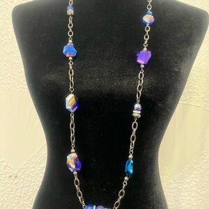 Vintage bohemian glass beaded necklace Blue and Silver-tone